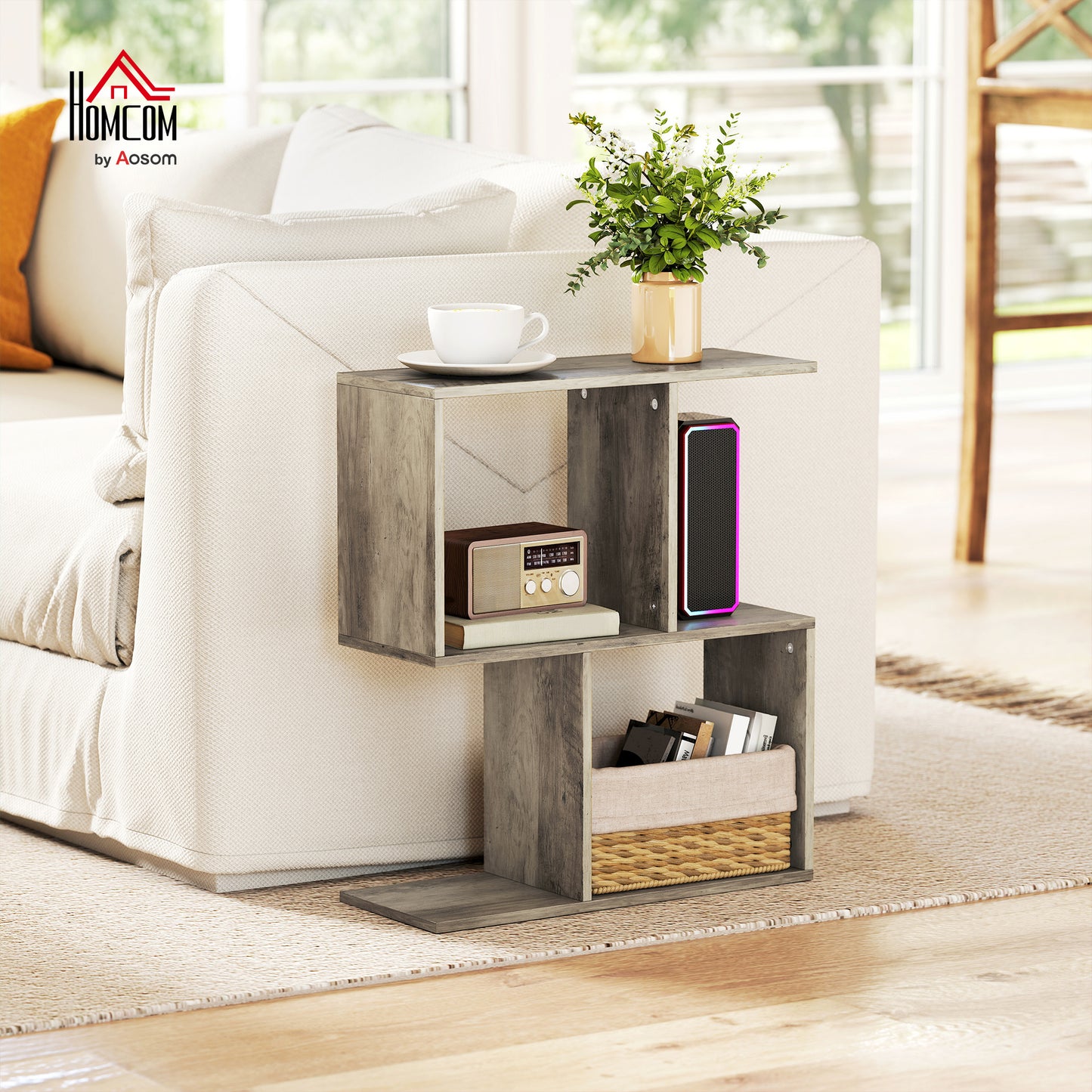 Side Table, Narrow End Table with Storage Shelves, Grey