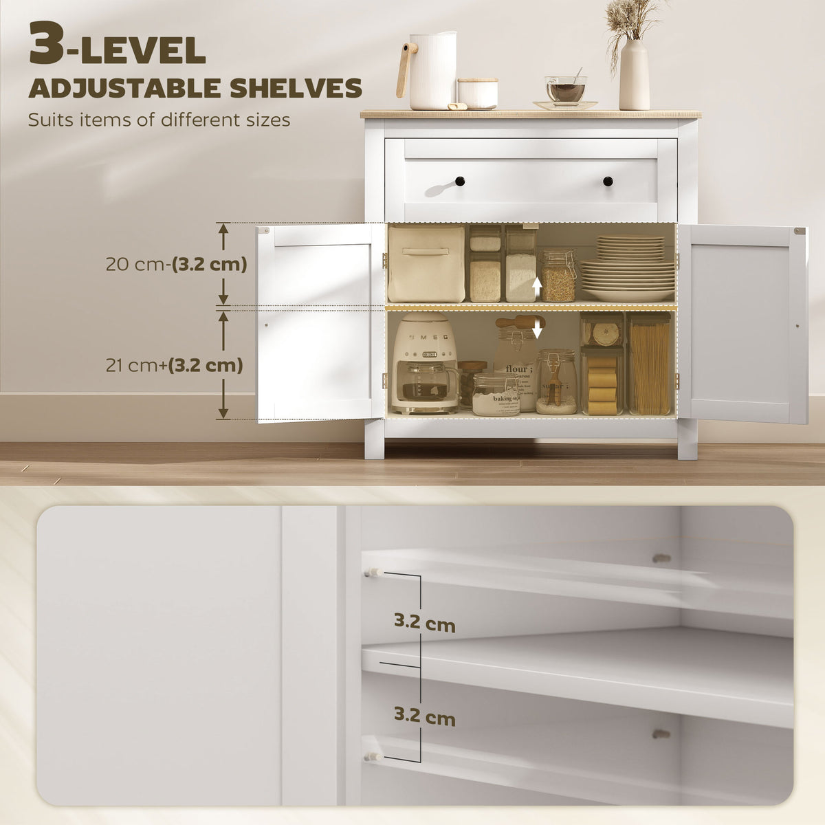 Sideboard Storage Cabinet with Adjustable Shelf, Drawer, White