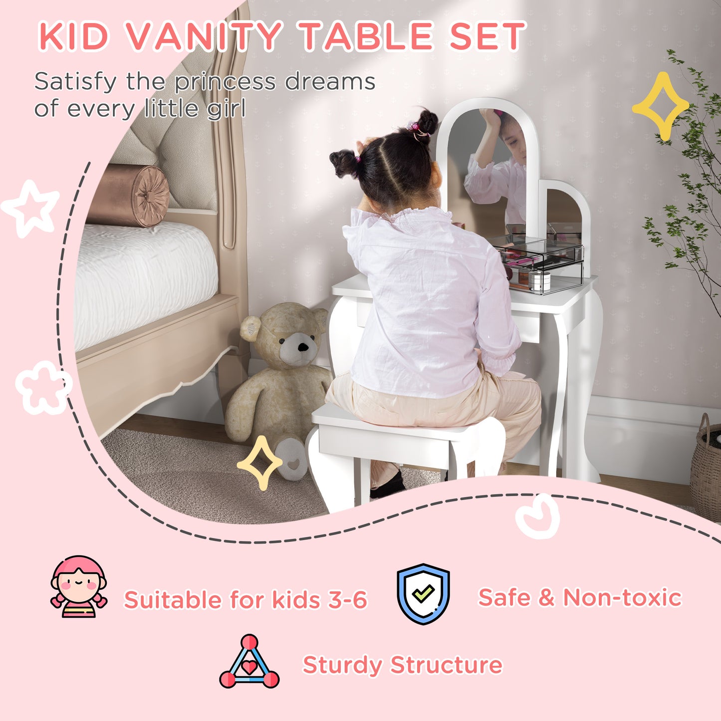 Kids Dressing Table and Stool Kids Vanity Set Makeup Desk w/ Mirror, Drawer, for Ages 3-6 Years, White