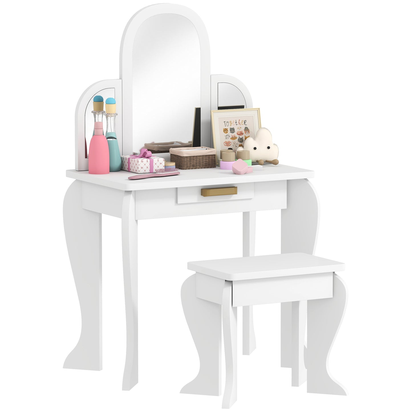 Kids Dressing Table and Stool Kids Vanity Set Makeup Desk w/ Mirror, Drawer, for Ages 3-6 Years, White