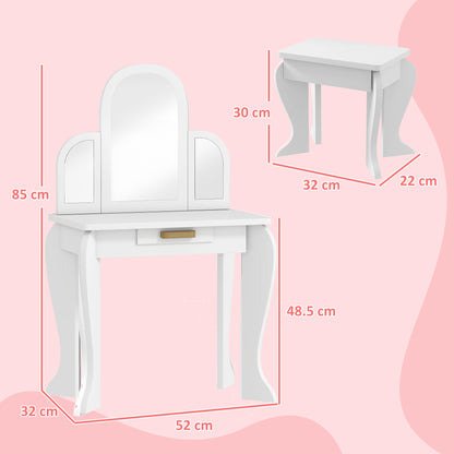 Kids Dressing Table and Stool Kids Vanity Set Makeup Desk w/ Mirror, Drawer, for Ages 3-6 Years, White