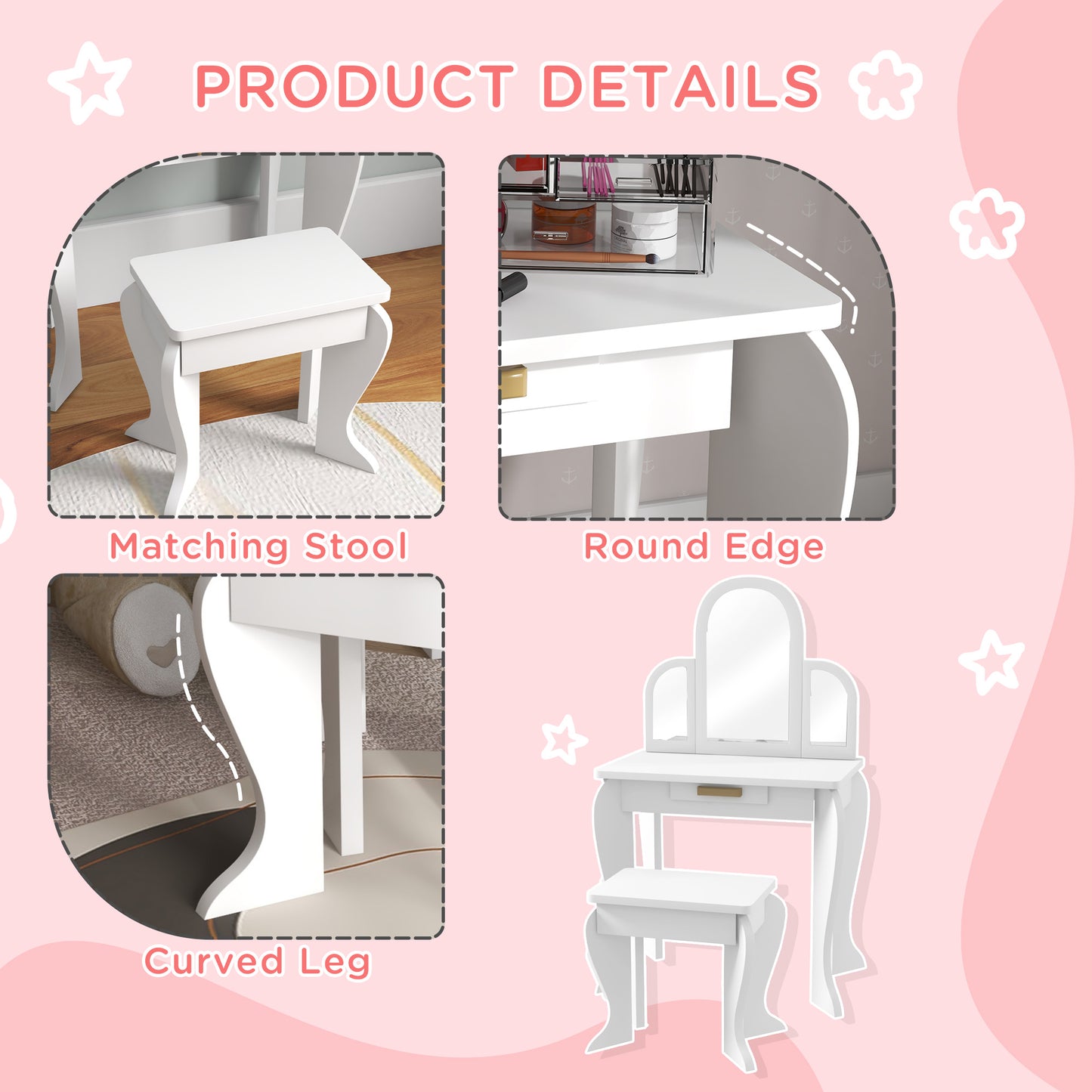 Kids Dressing Table and Stool Kids Vanity Set Makeup Desk w/ Mirror, Drawer, for Ages 3-6 Years, White