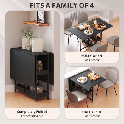 Folding Dining Table, Drop Leaf Table w/ Open Compartments, Black