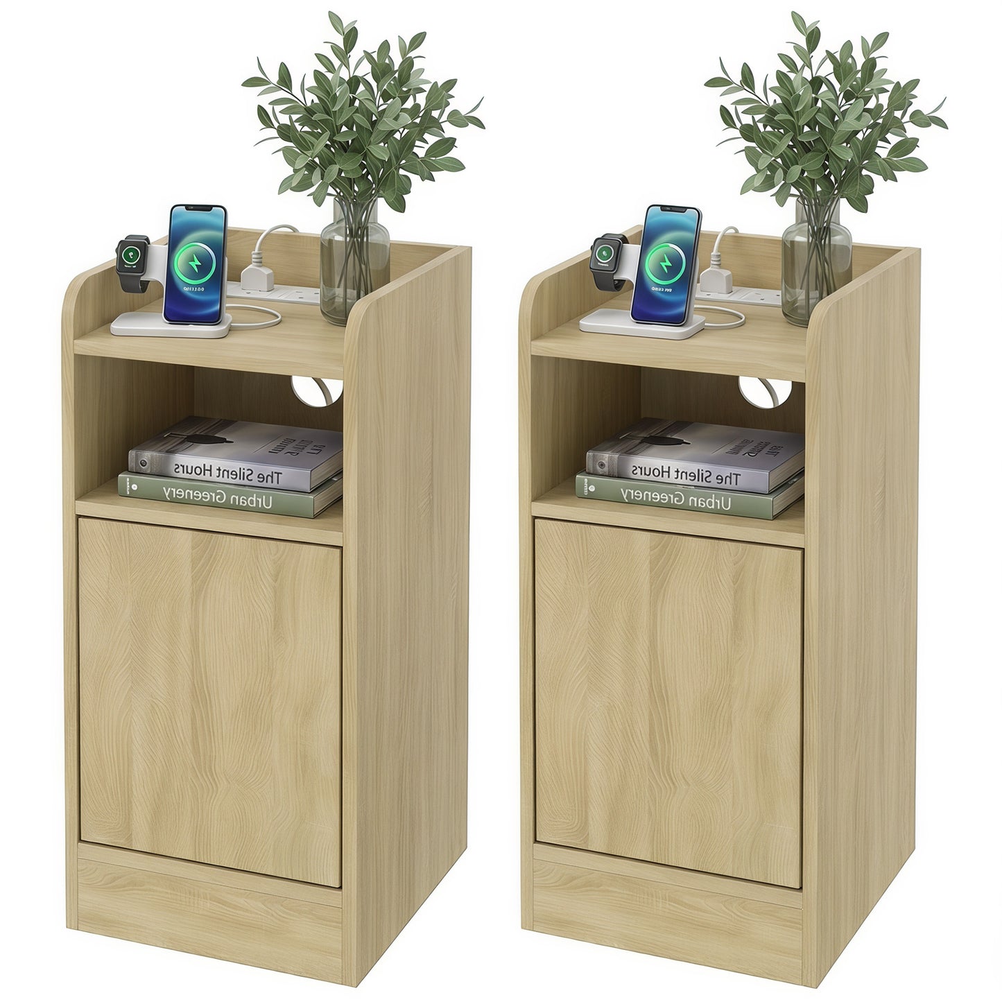 Slim Bedside Table Set of 2 with Charging Station, Oak
