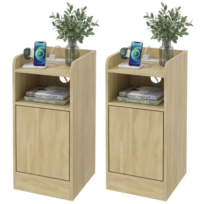 Slim Bedside Table Set of 2 with Charging Station, Oak