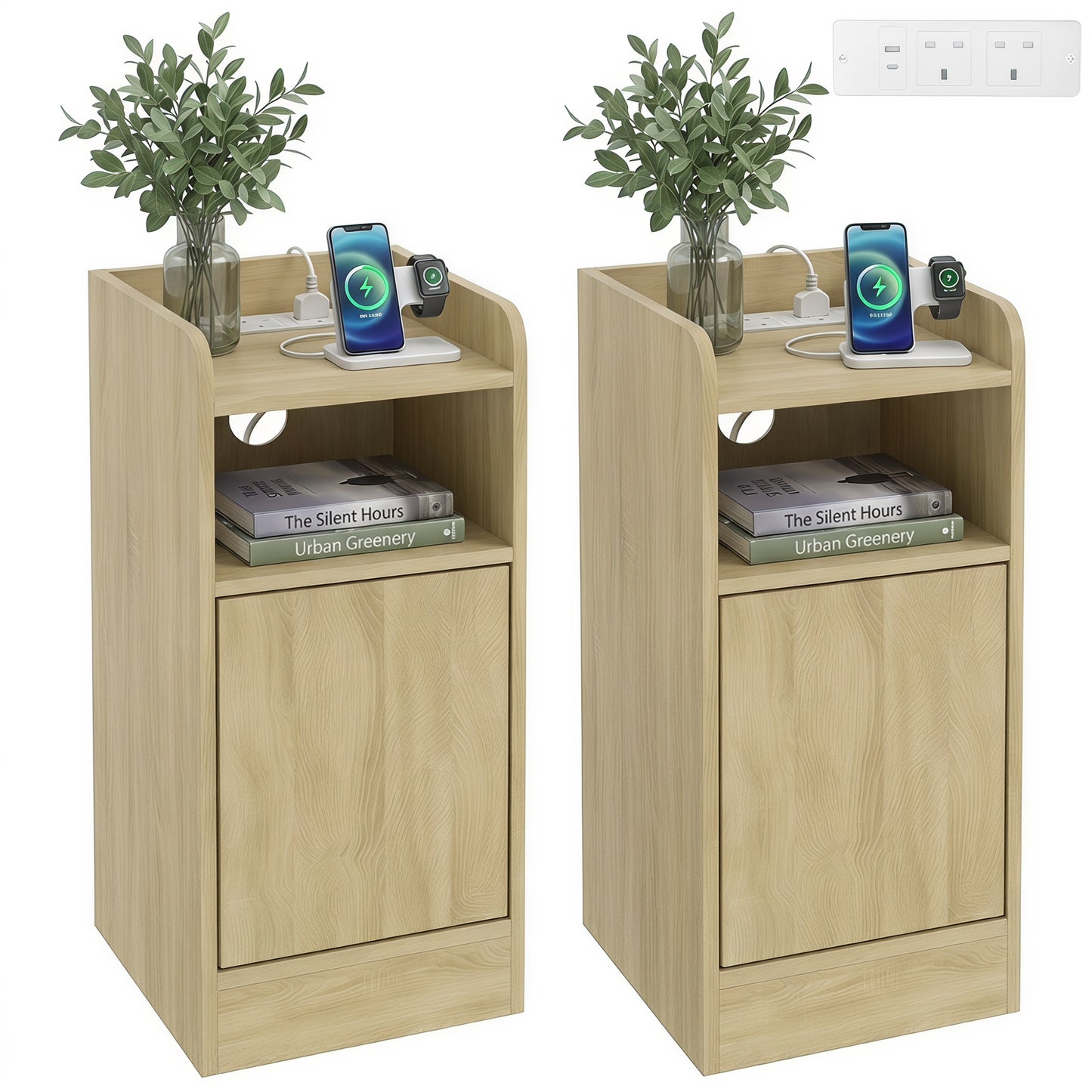 Slim Bedside Table Set of 2 with Charging Station, Oak