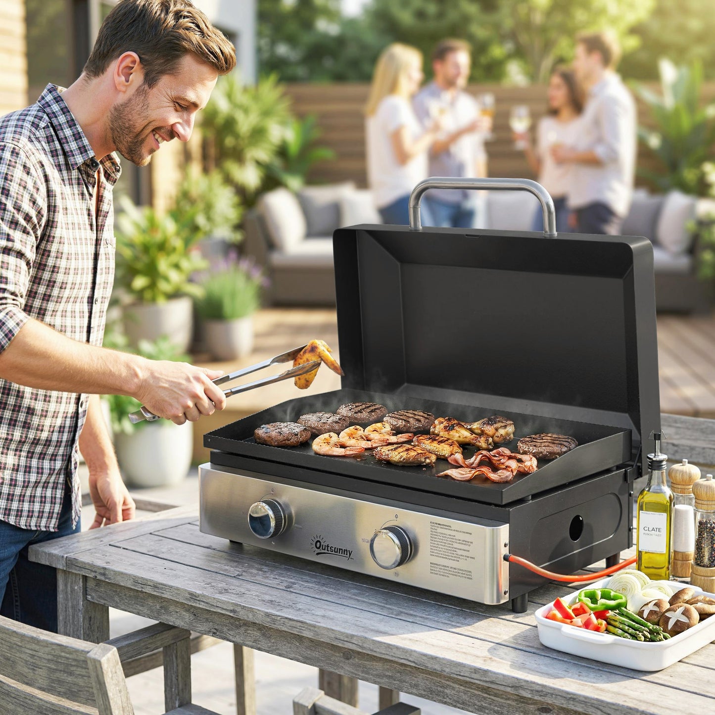 2 Burner Grill Griddle, Tabletop Gas BBQ with Grease Cup, Black