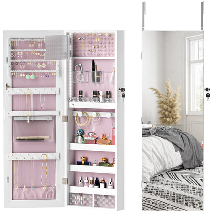 Door Hanging or Wall Mounted Jewellery Cabinet w/ Mirror Pink Lining