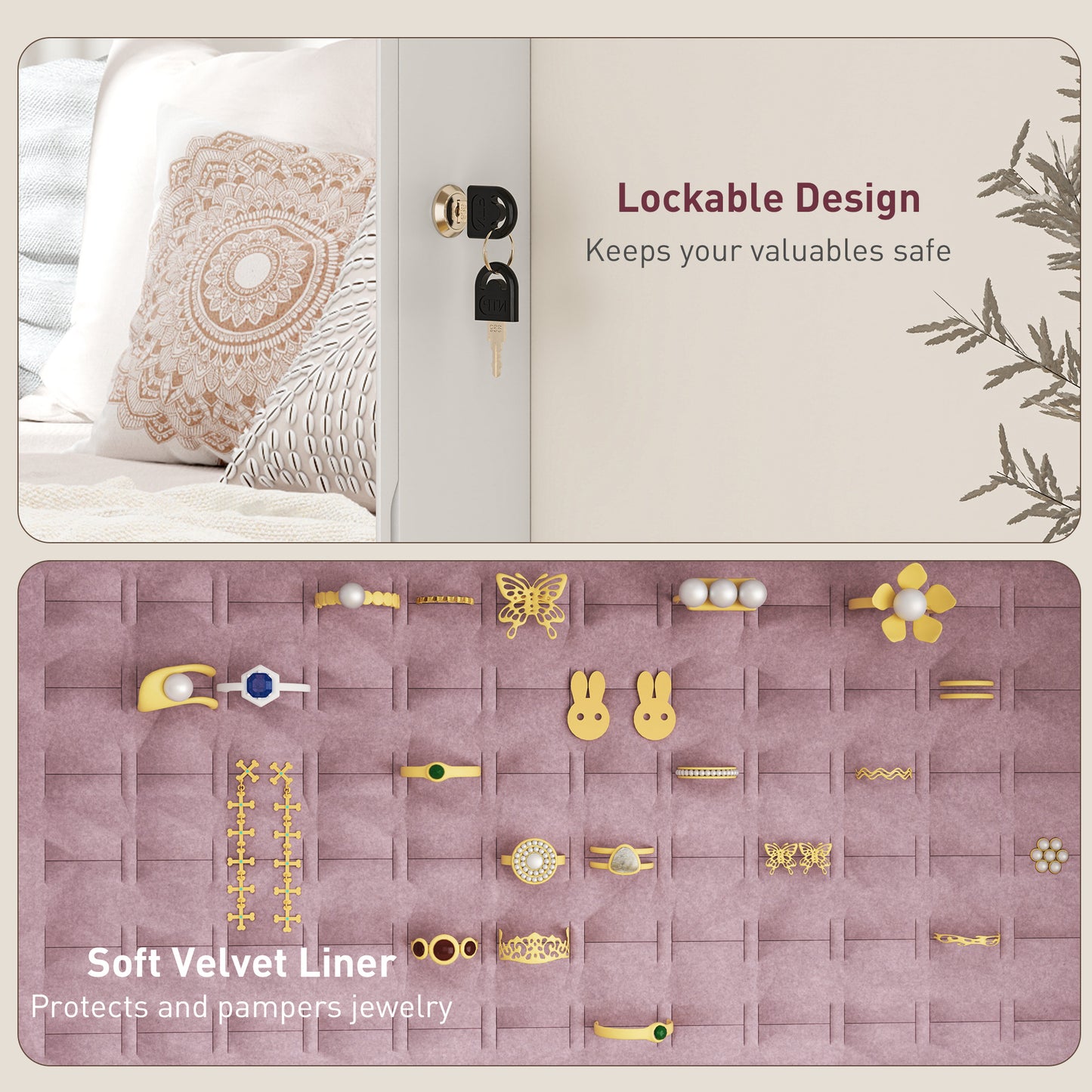 Door Hanging or Wall Mounted Jewellery Cabinet w/ Mirror Pink Lining