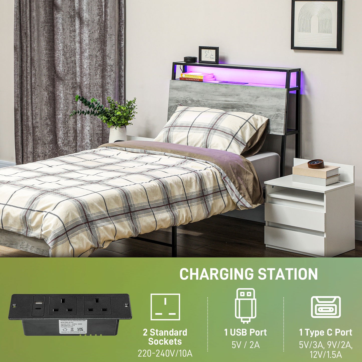 LED Single Bed Frame with Charging Station, 90 x 190cm, Cement Grey