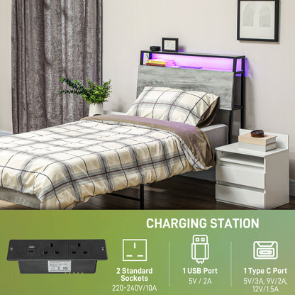 LED Single Bed Frame with Charging Station, 90 x 190cm, Cement Grey