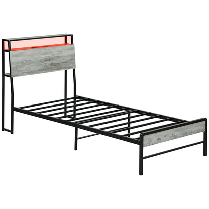 LED Single Bed Frame with Charging Station, 90 x 190cm, Cement Grey
