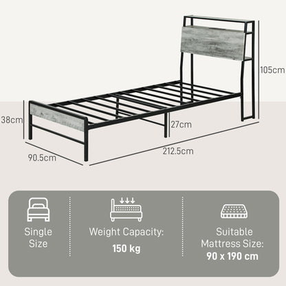 LED Single Bed Frame with Charging Station, 90 x 190cm, Cement Grey