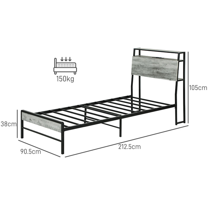 LED Single Bed Frame with Charging Station, 90 x 190cm, Cement Grey