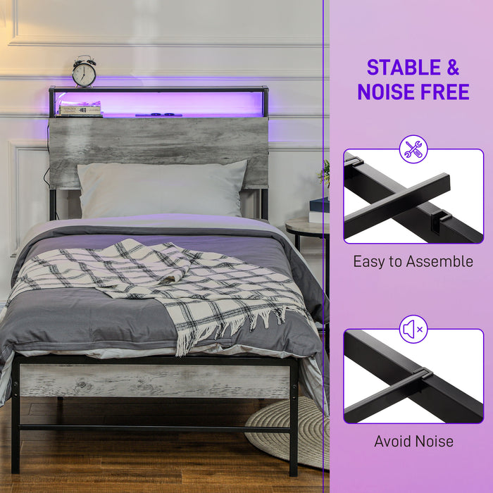 LED Single Bed Frame with Charging Station, 90 x 190cm, Cement Grey