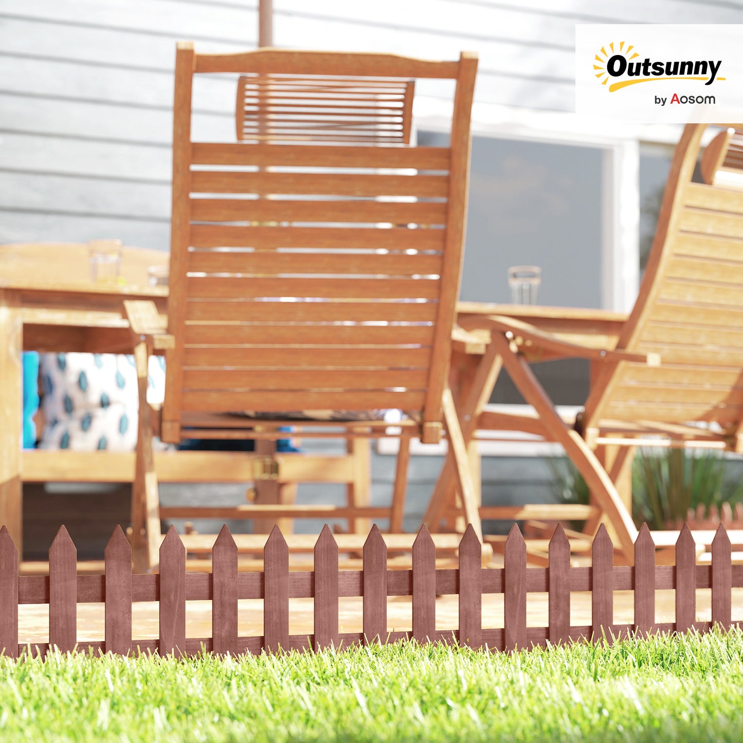 Pack of 12 Wooden Border Fences, Garden Fixed Picket Fence for Lawn Edging, Flowerbed, 60L x 1D x 34H cm, Rustic Brown