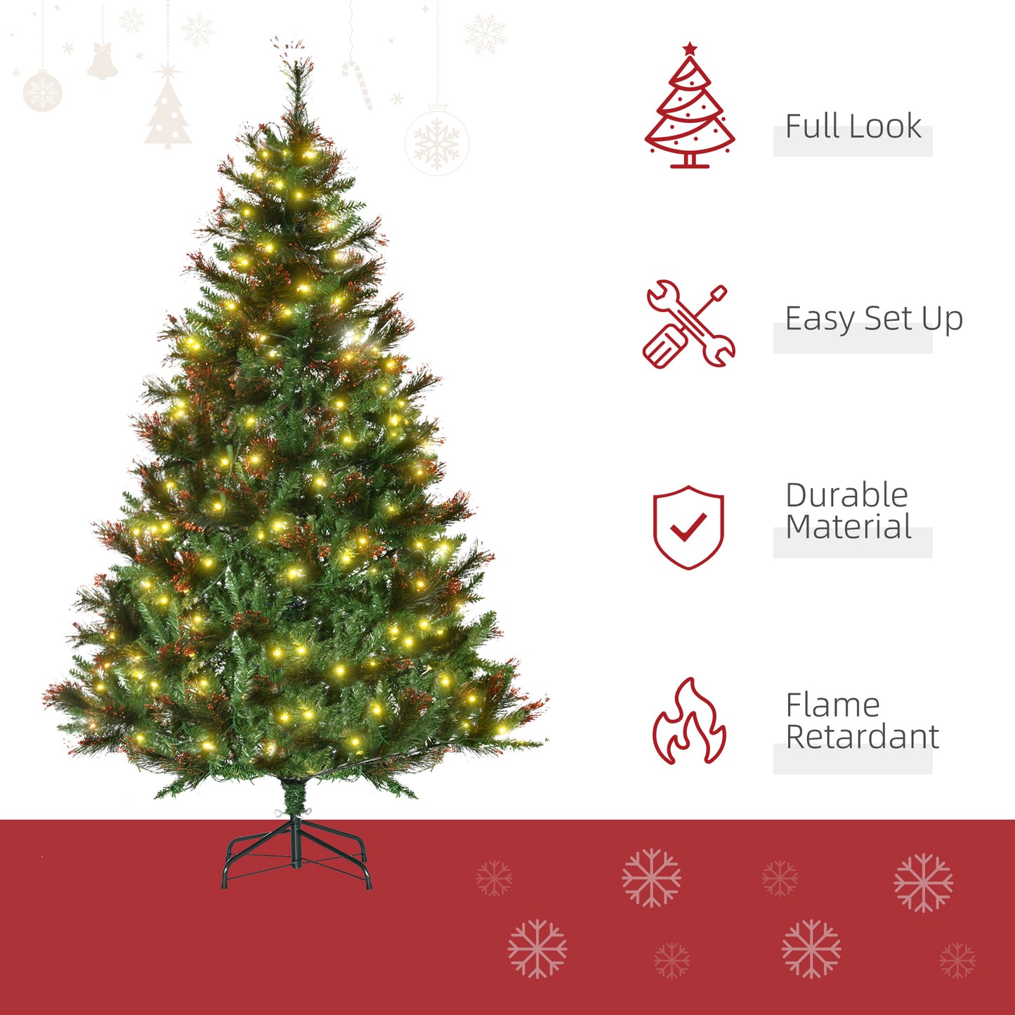 6ft Pre-Lit Christmas Tree Artificial Spruce Xmas Tree Warm White LED Holiday Décor with Metal Stand