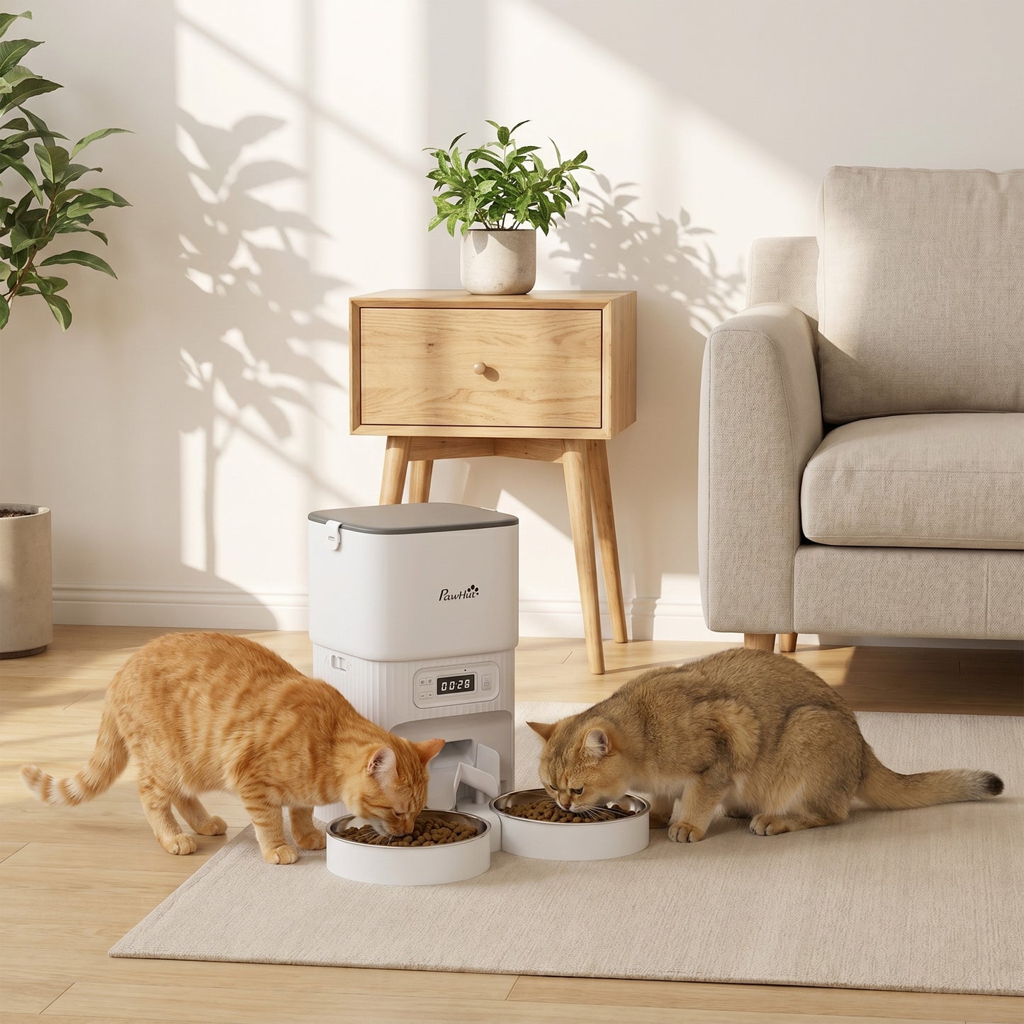 Automatic Cat Feeder with 2 Stainless Steel Bowls, 4L Pet Food Dispenser with Portion Control for 1–6 Meals Daily, Anti-Clogging Design, Dual Power Supply