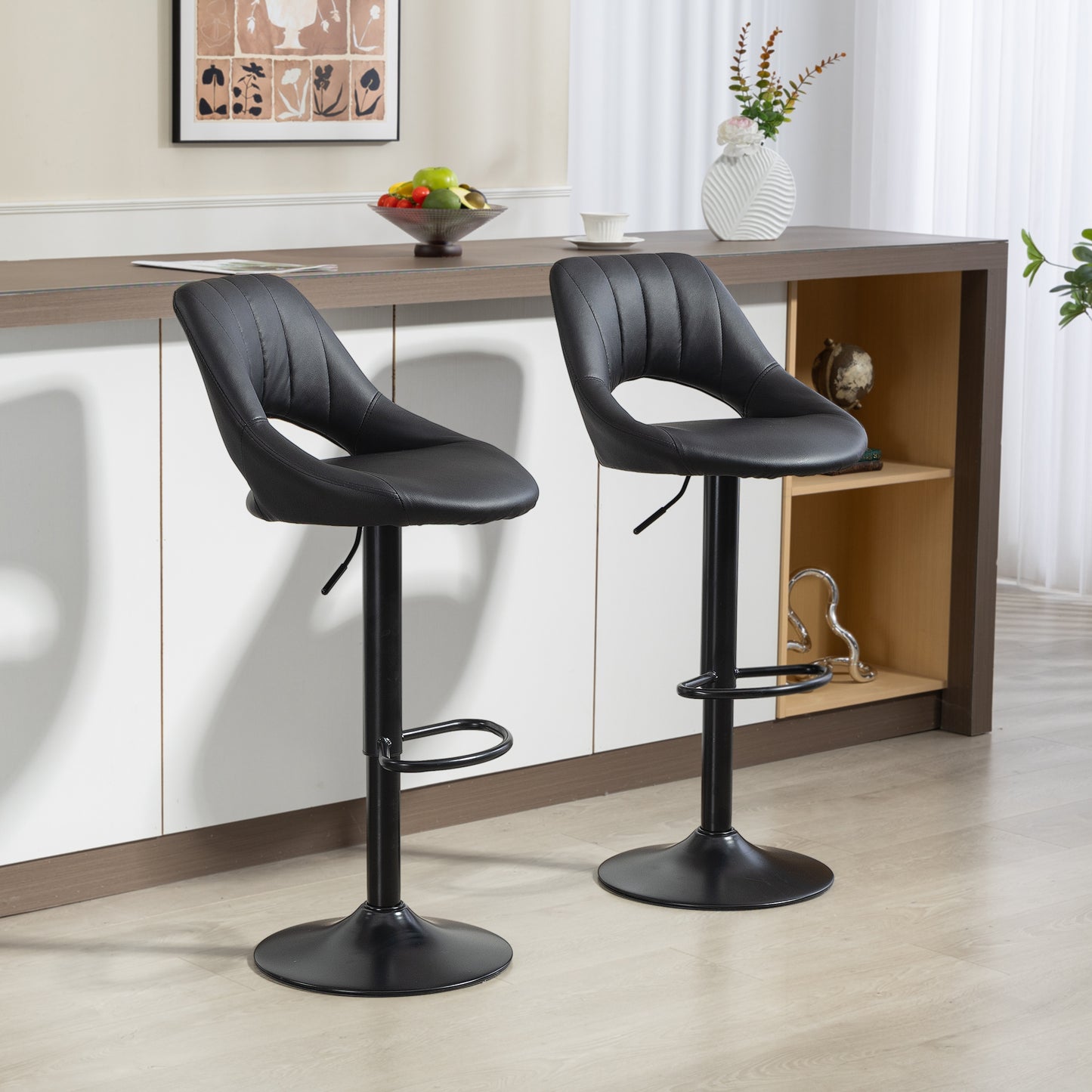 Barstools Set of 2, Dining Stools with Backrest and Footrest, Black