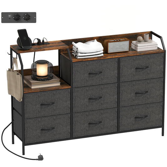 Fabric Chest of Drawers w/ Charging Station for Bedroom Rustic Brown