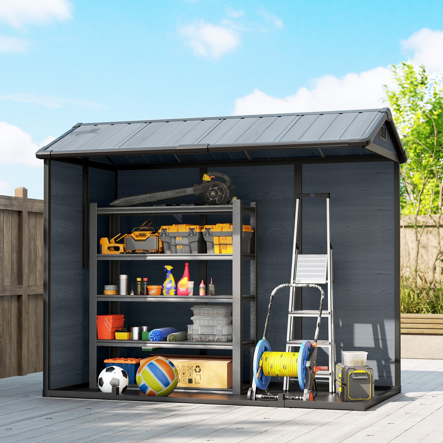 8 x 4 ft Resin Garden Shed with Floor, Lockable Doors, Dark Grey
