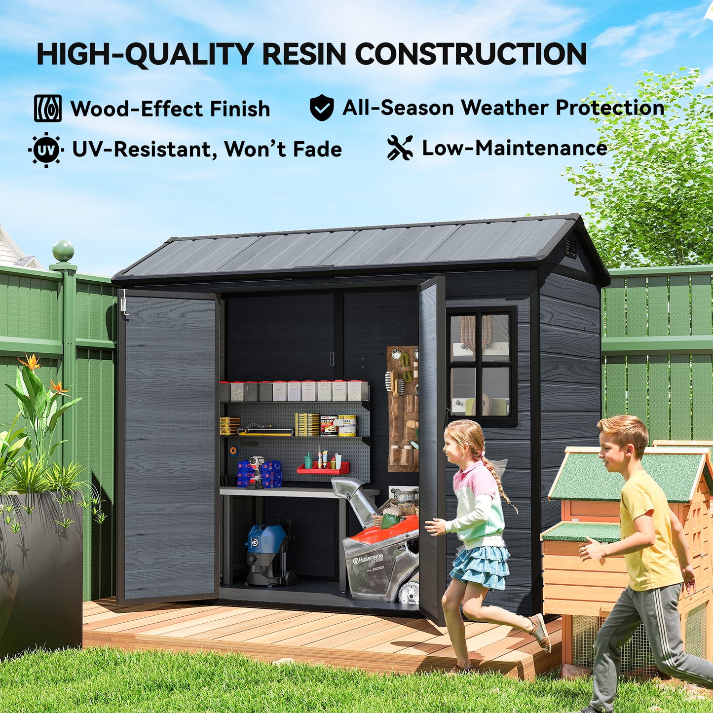8 x 4 ft Resin Garden Shed with Floor, Lockable Doors, Dark Grey
