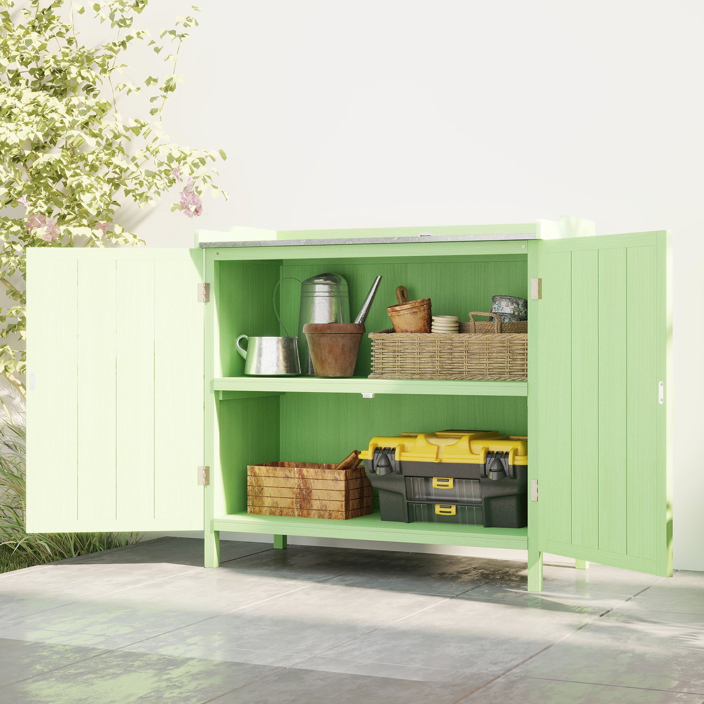 Garden Storage Cabinet Potting Bench Table W/ galvanised Top Green