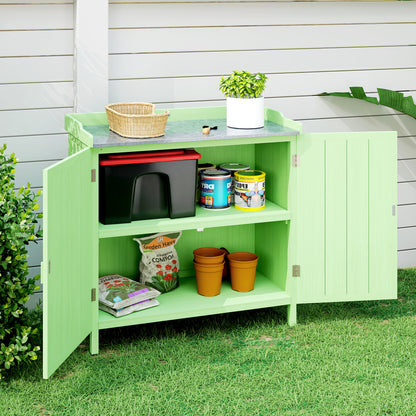 Garden Storage Cabinet Potting Bench Table W/ galvanised Top Green