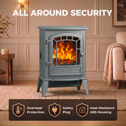 Freestanding Electric Fireplace Stove with LED Flame, 2000W, Grey
