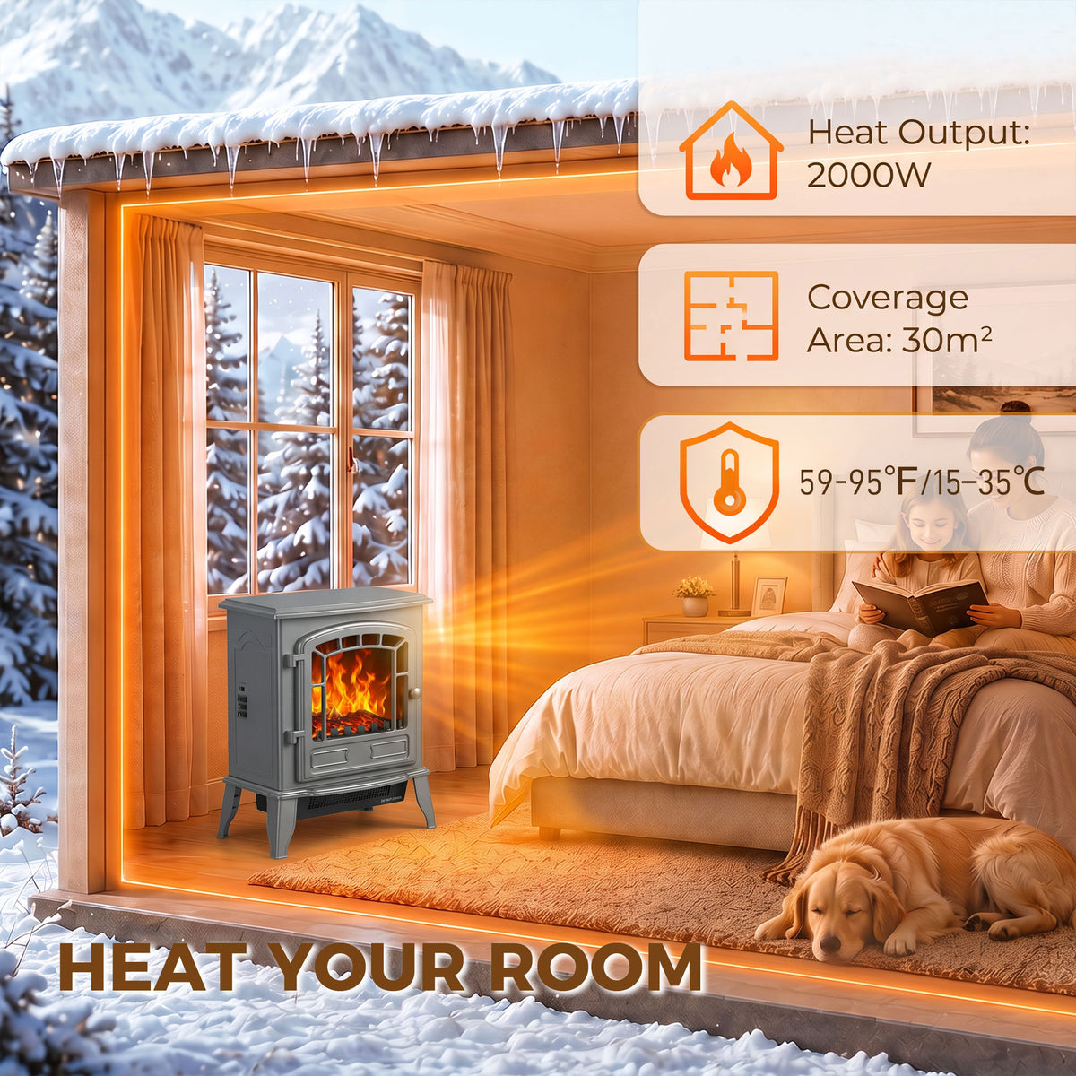 Freestanding Electric Fireplace Stove with LED Flame, 2000W, Grey