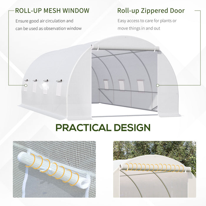 6 x 3 x 2 m Large Walk-In Greenhouse Garden Polytunnel Greenhouse with Metal Frame, Zippered Door and Roll Up Windows, White