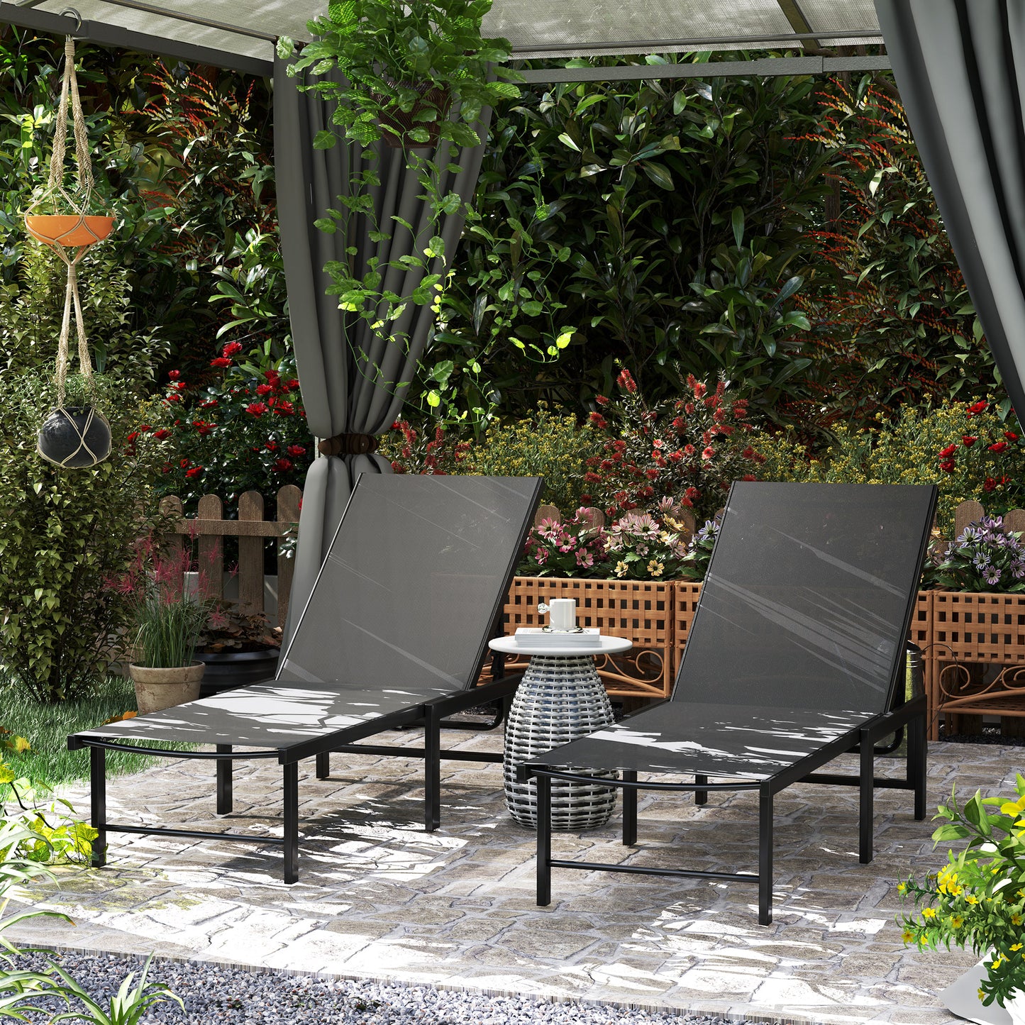 Sun Loungers Set of 2, 5-Level Reclining Sunbeds, Grey