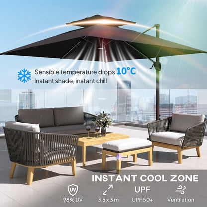 3.5m Aluminium Cantilever Parasol w/ LED Lights Crank Tilt UV50+ Grey