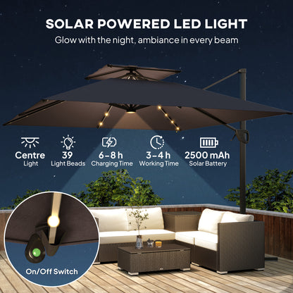 3.5m Aluminium Cantilever Parasol w/ LED Lights Crank Tilt UV50+ Grey