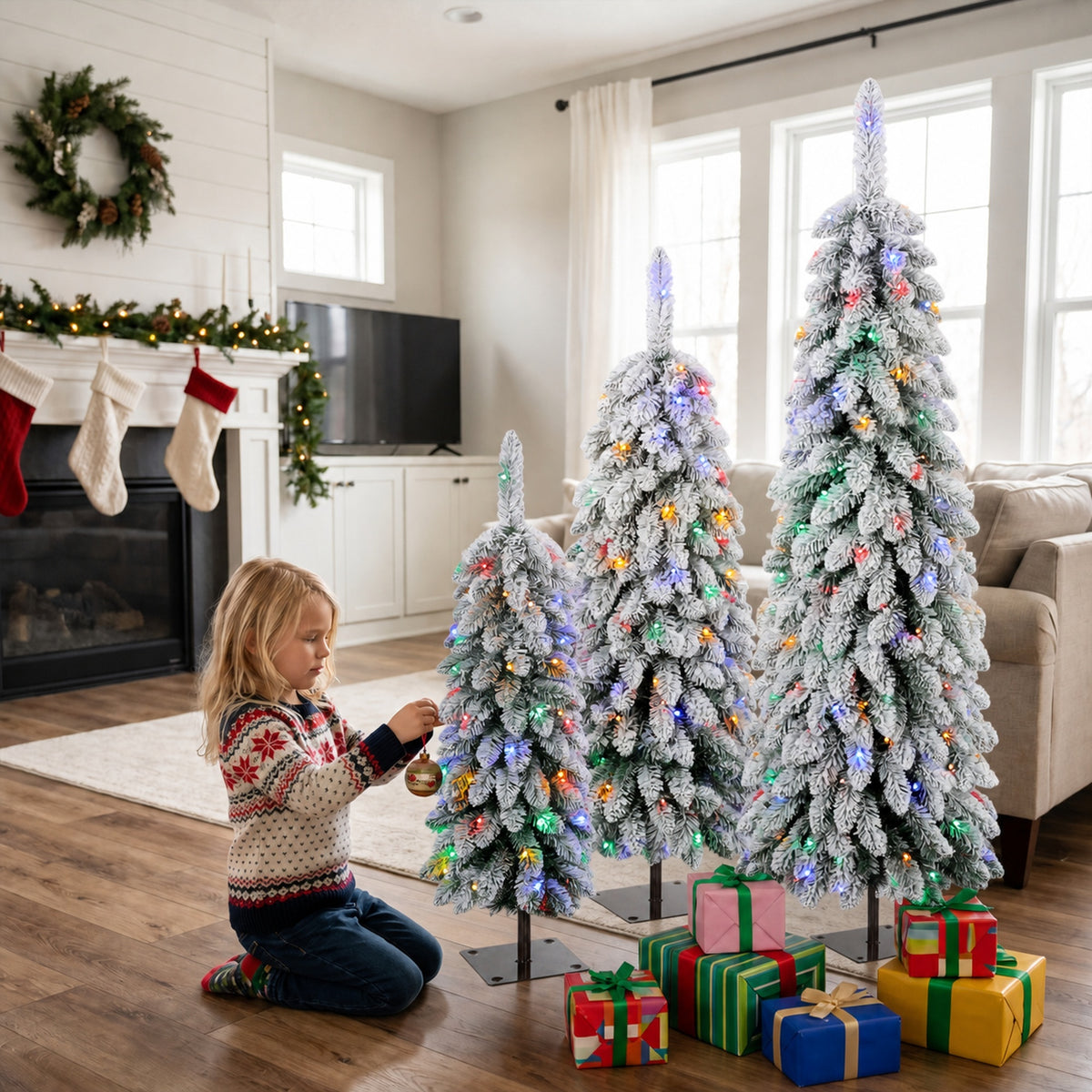 Artificial Christmas Tree Set of 3, PVC Branch Tips, Green White