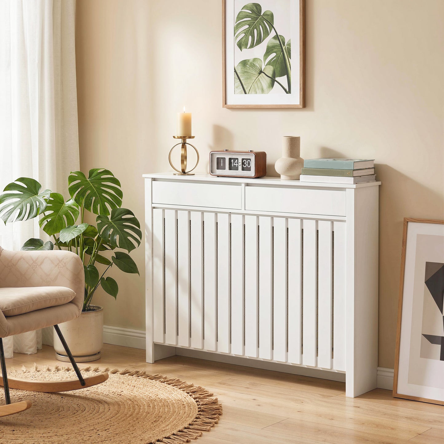 Large Radiator Cover with Drawers and Vertical Slats 119 x 19 x 93cm