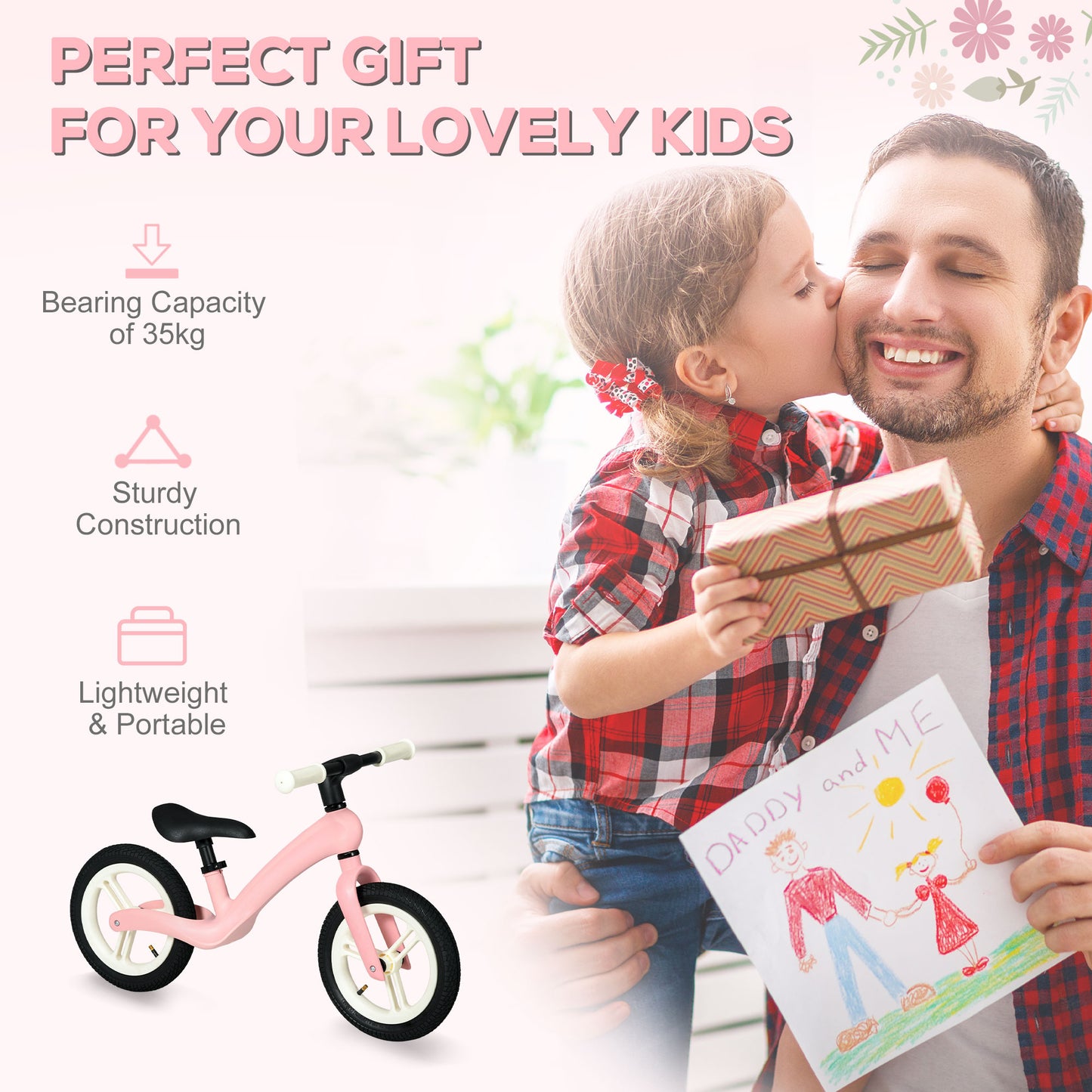 AIYAPLAY 12" Kids Balance Bike, Lightweight Training Bike for Children No Pedal with Adjustable Seat, Rubber Wheels - Pink