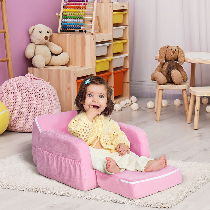 2 In 1 Kids Armchair Sofa Bed Fold Out Padded Wood Frame Bedroom, Pink