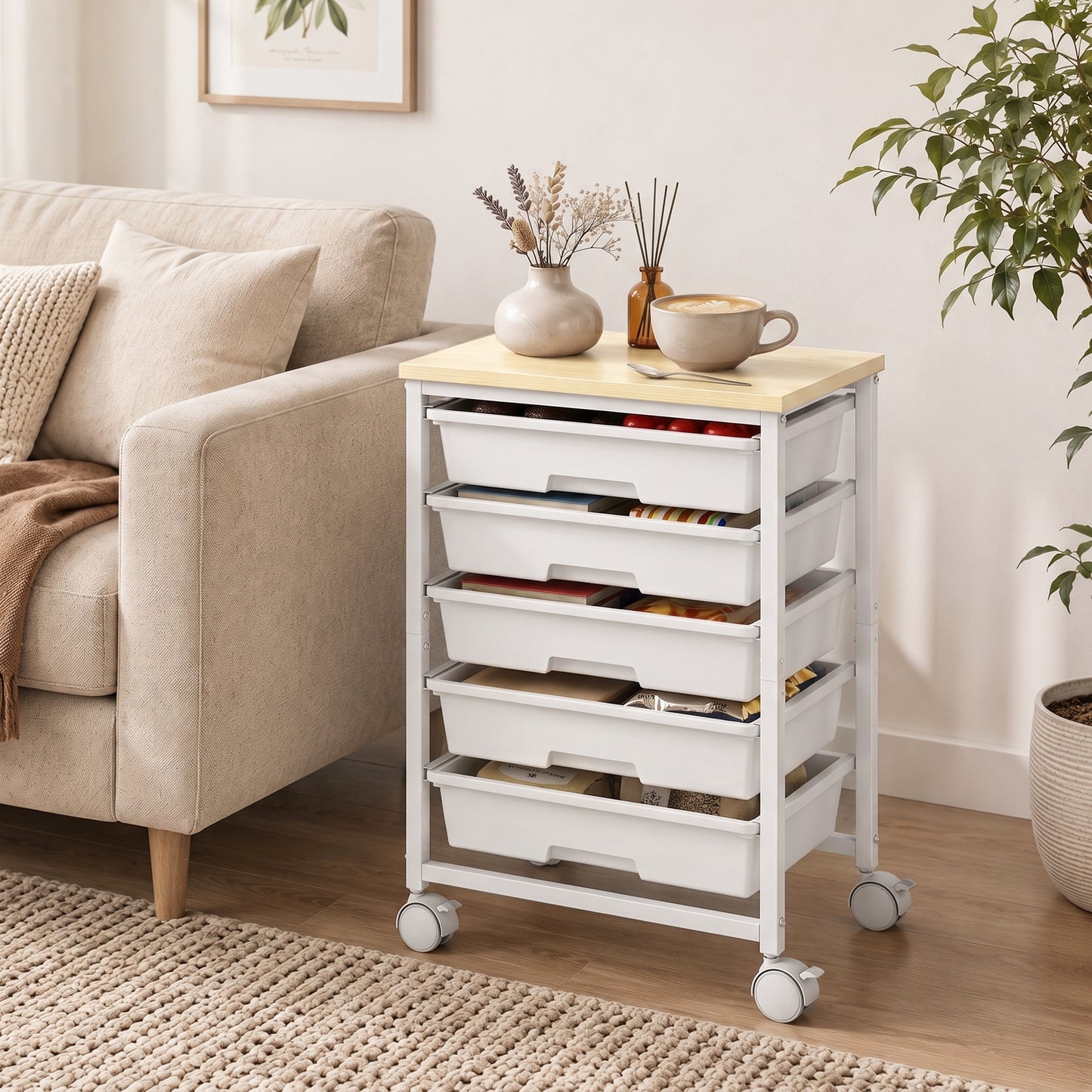 6-Tier Storage Trolley on Wheels with 5 Pull-Out Drawers, White