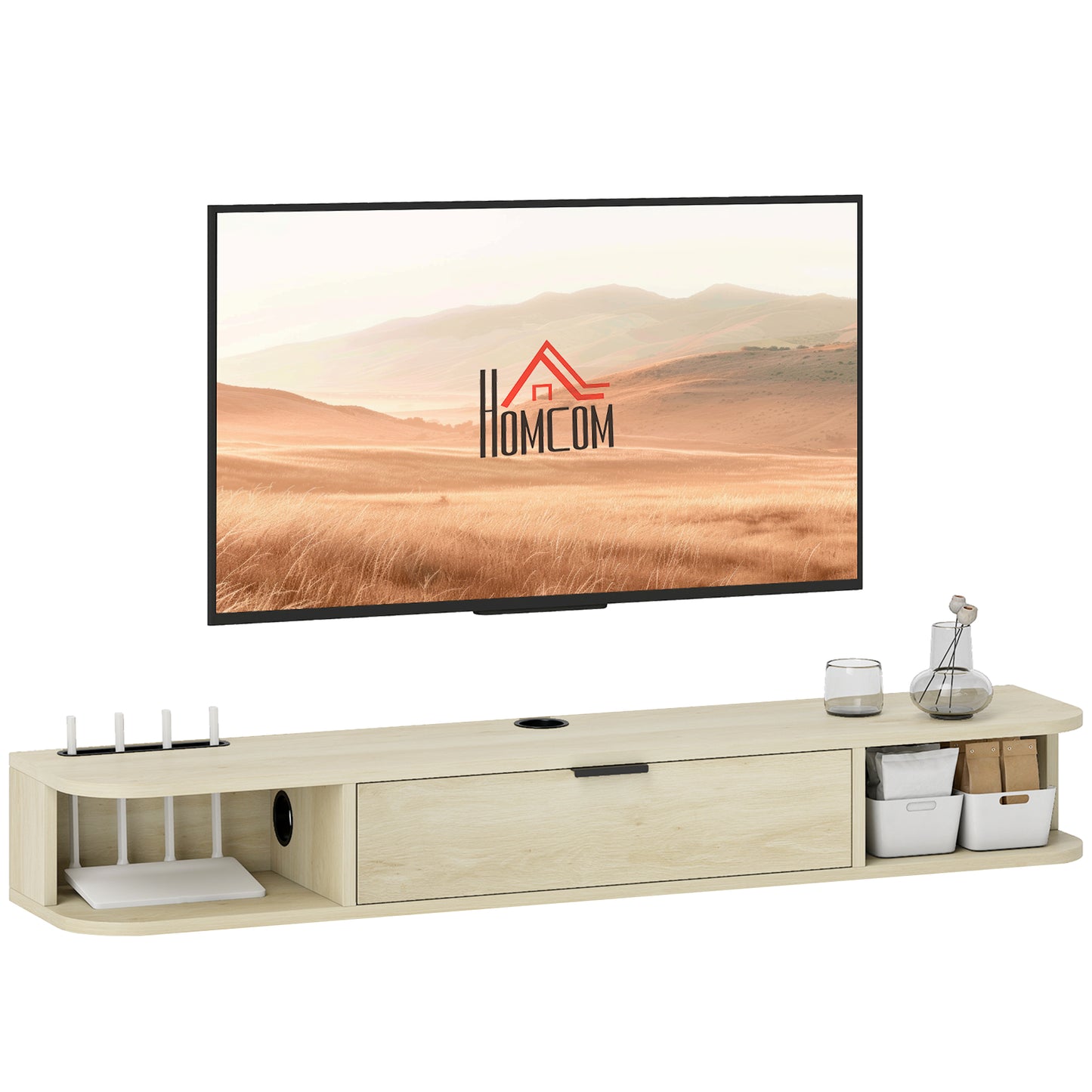 120 cm Floating TV Unit with Flip Drawer and Shelves, Natural