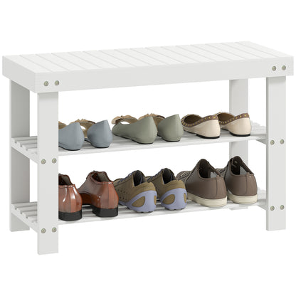 3-Tier Bamboo Shoe Bench with 2 Shelves for Entryway, White