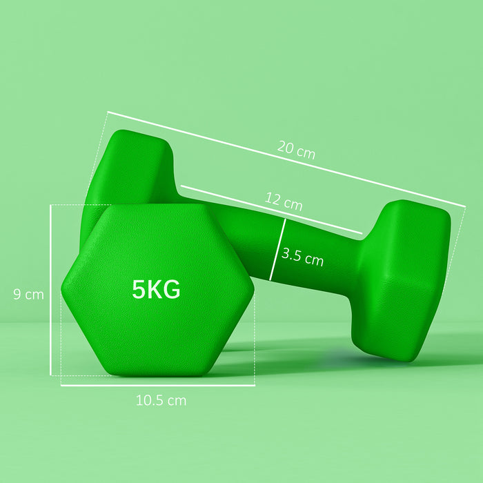 Set of 2 Hexagonal Dumbbells Weights Pair, 2 x 5kg, Green