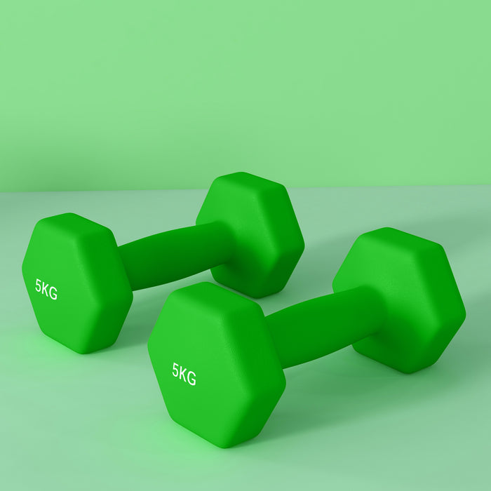 Set of 2 Hexagonal Dumbbells Weights Pair, 2 x 5kg, Green