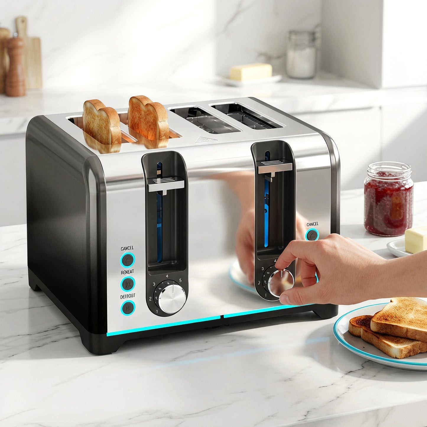 4 Slice Toaster with 7 Browning Levels, Reheat, Defrost and Cancel Functions, Self-Centring Slots, Auto Shut-Off, Removable Crumb Tray, 1860W, Black