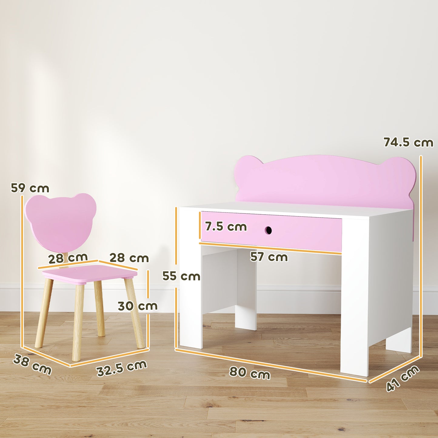 Kids Desk and Chair Set, Children Writing Table with Drawer, Pink