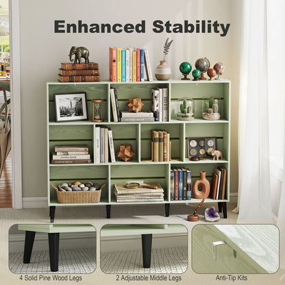 Bookshelf with 10 Cubbies, Book Shelf with Wood Legs, Light Green