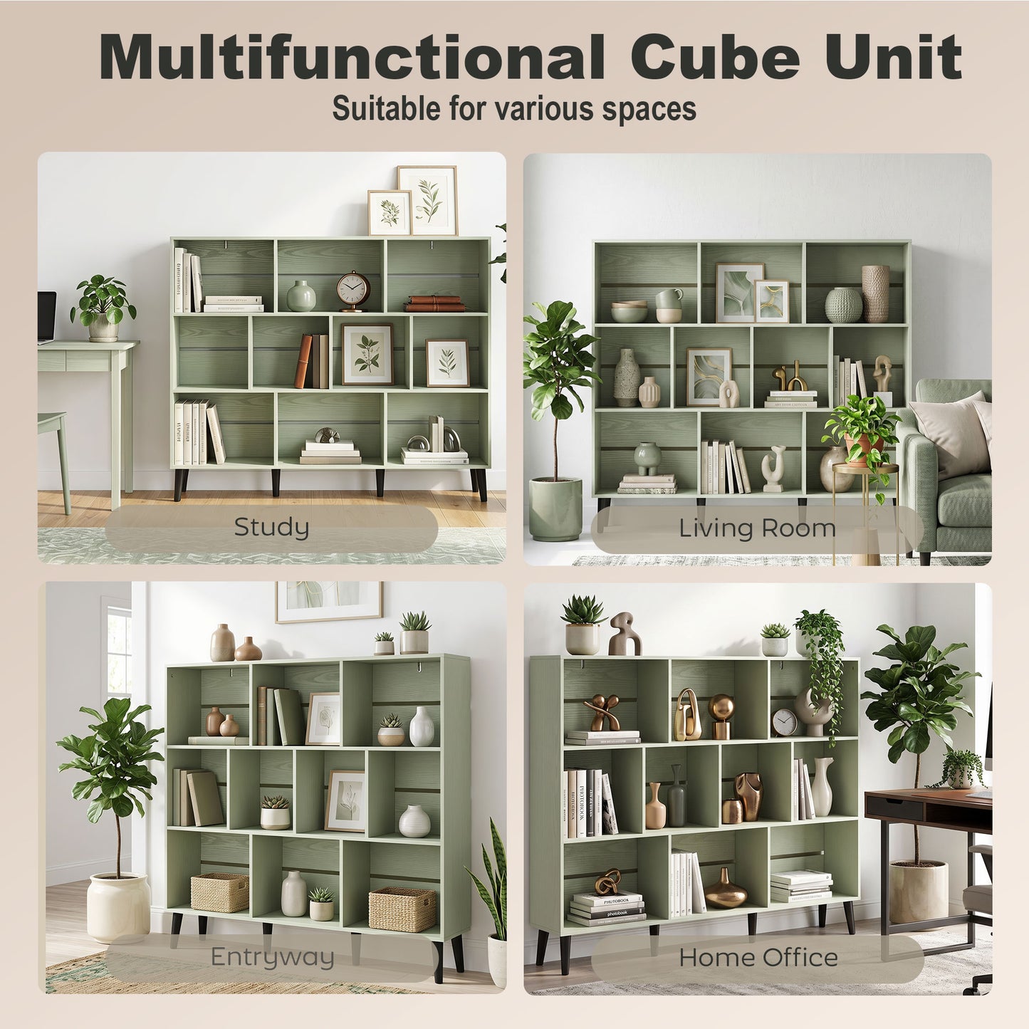 Bookshelf with 10 Cubbies, Book Shelf with Wood Legs, Light Green