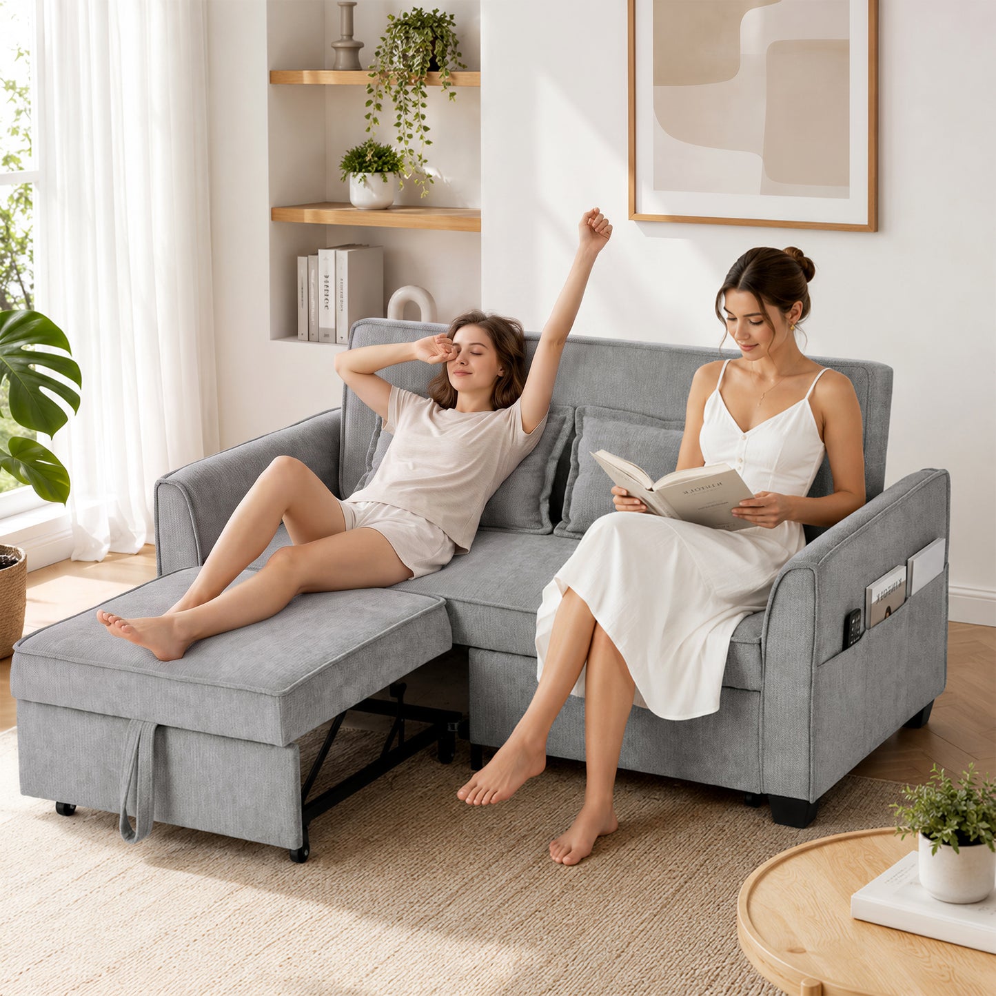 2 Seater Sofa Bed, 4-in-1 Convertible Pull Out Sleeper Sofa, Grey
