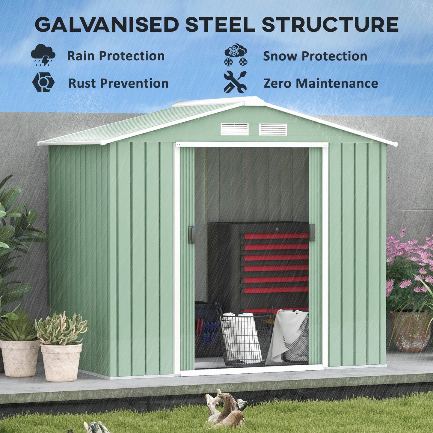 7 x 4ft Garden Shed Storage with Foundation Kit and Vents Light Green