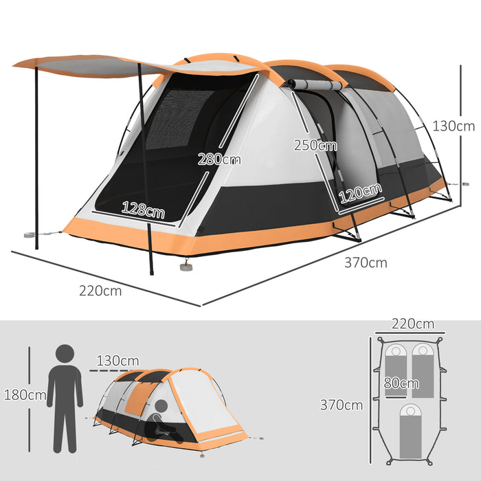 3-4 Man Camping Tent, Family Tunnel Tent, 2000mm Waterproof, Portable with Bag, Orange